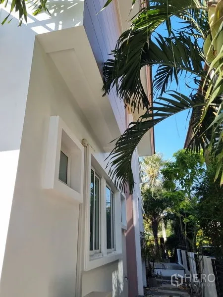 Detached House for sale in Chatuchak, Bangkok - Side exterior of the detached house with white facade and palm trees.