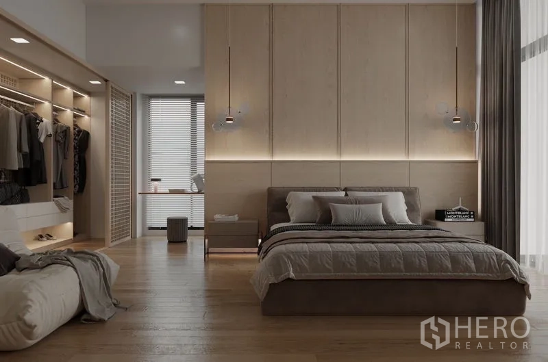Detached House for rent in Saphan Sung, Bangkok - Spacious master bedroom with pendant lights, wood feature wall and walk‑in closet.