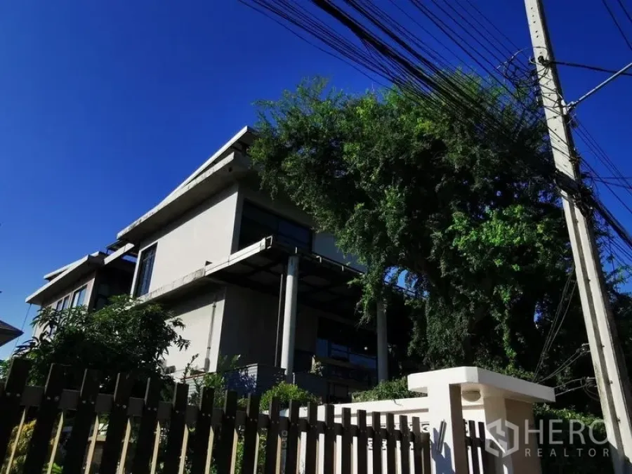 带办公室的家 出售在Wang Thonglang, Bangkok - 街景视角的现代混凝土建筑，栅栏与大树环绕。