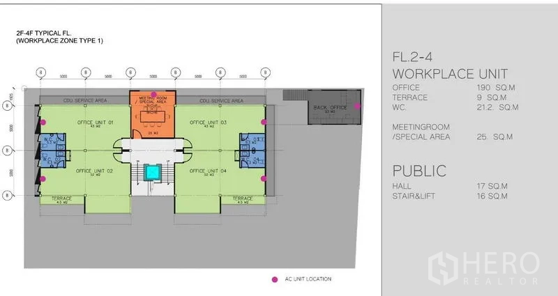 Home Office for rent or sale in Phaya Thai, Bangkok - Typical floor plan illustrating office zones, meeting room and terraces.