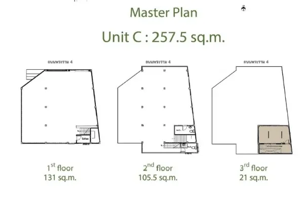 Retail Space for rent in Khlong Toei, Bangkok - Floor plan of Unit C showing 131 sqm ground floor, 105.5 sqm second floor, and 21 sqm third floor.