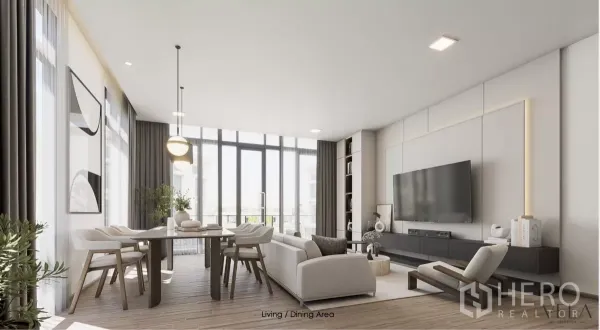 Townhouse for rent in Chatuchak, Bangkok - Bright living and dining room with floor‑to‑ceiling windows and modern furniture.