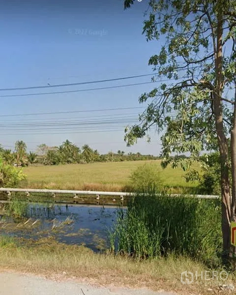 ที่ดิน ขายในBang Bua Thong, Nonthaburi - คลองข้างแปลงที่ดิน มีหญ้าและสายไฟ มองเห็นทุ่งนาโดยรอบ
