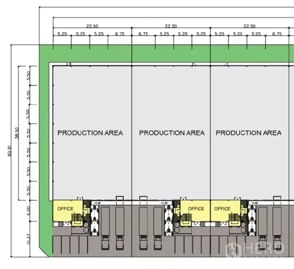 Factory for rent in Bang Sao Thong, Samut Prakan - Factory site plan showing production areas, front offices, loading docks, and truck circulation.