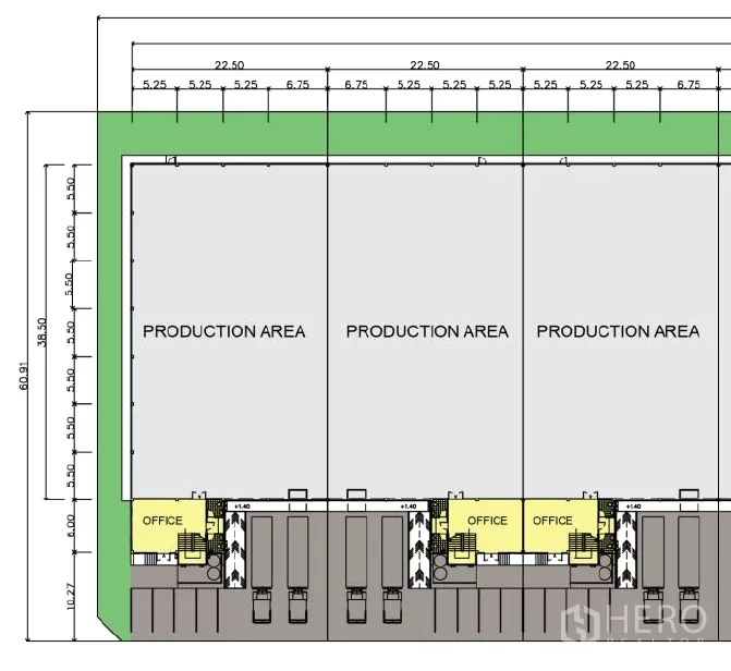 Factory for rent in Bang Sao Thong, Samut Prakan - Factory site plan showing production areas, front offices, loading docks, and truck circulation.