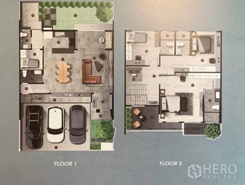 Townhouse for rent or sale in Bang Phli, Samut Prakan - Two-floor townhouse plan highlighting a three-car garage, open-plan living areas, bedrooms and garden.