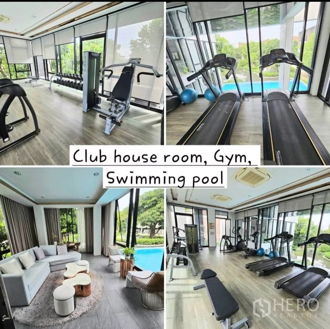 Townhouse for rent in Saphan Sung, Bangkok - Estate clubhouse featuring a gym and swimming pool beside a lounge area.