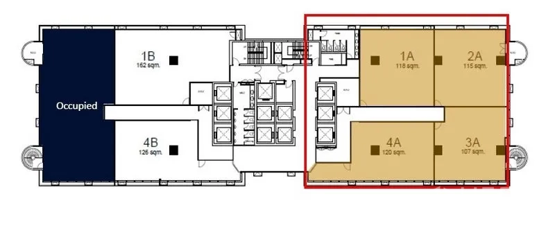 Office Space for rent in Bang Rak, Bangkok - Floor plan highlighting four combined office units totaling 460 sq.m on the east side of the building.