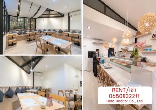 Retail Space for rent in Pathum Wan, Bangkok - Dining area collage with light wood furniture and a marble counter suited for café or eatery.