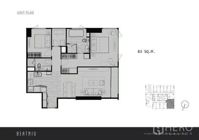 Condominium for rent or sale in Khlong Toei, Bangkok - Floor plan of the 83 sqm two‑bedroom condominium layout.