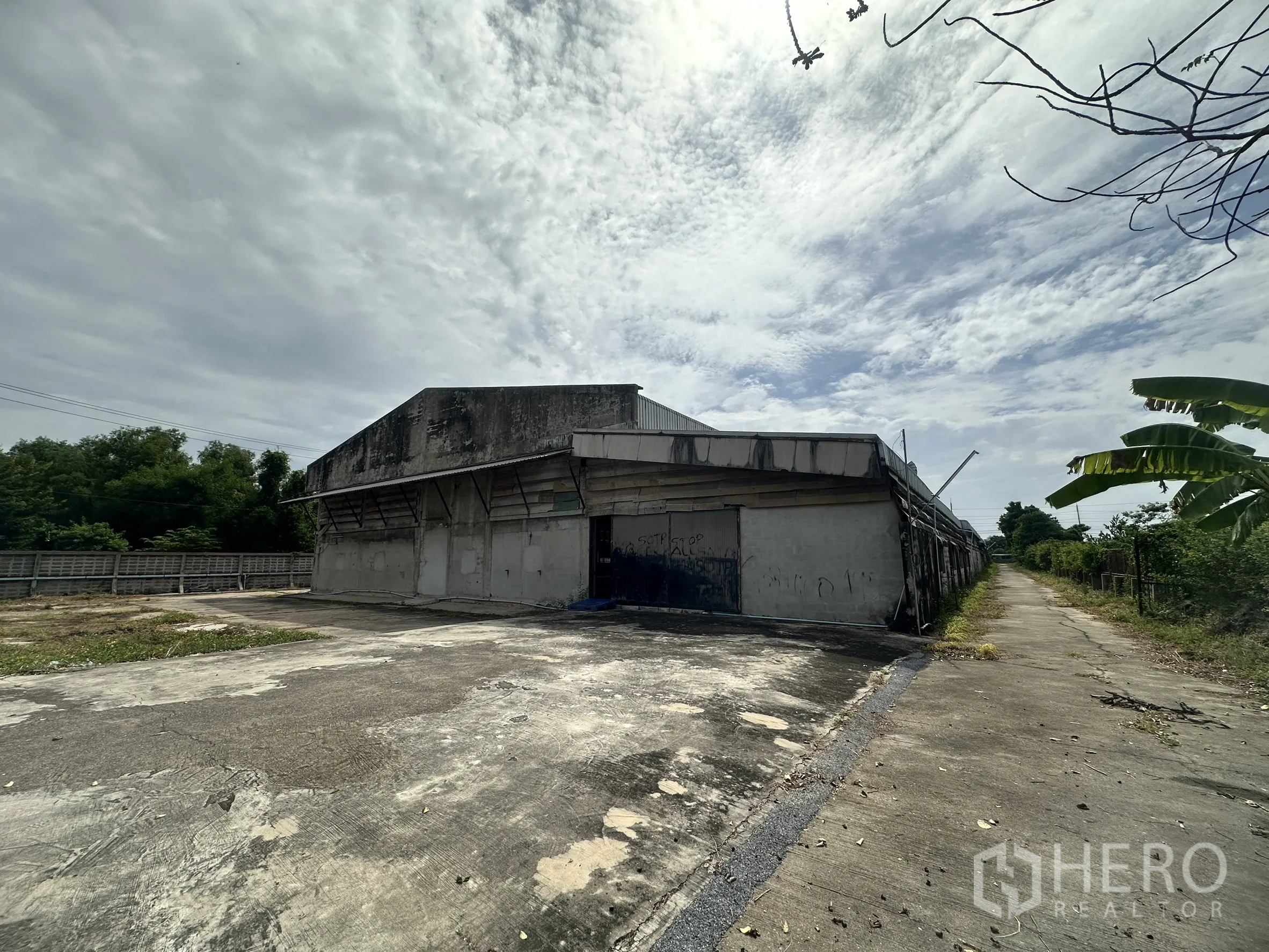 Factory for sale in Sai Noi, Nonthaburi - Side view of a factory building along a service lane with surrounding greenery.