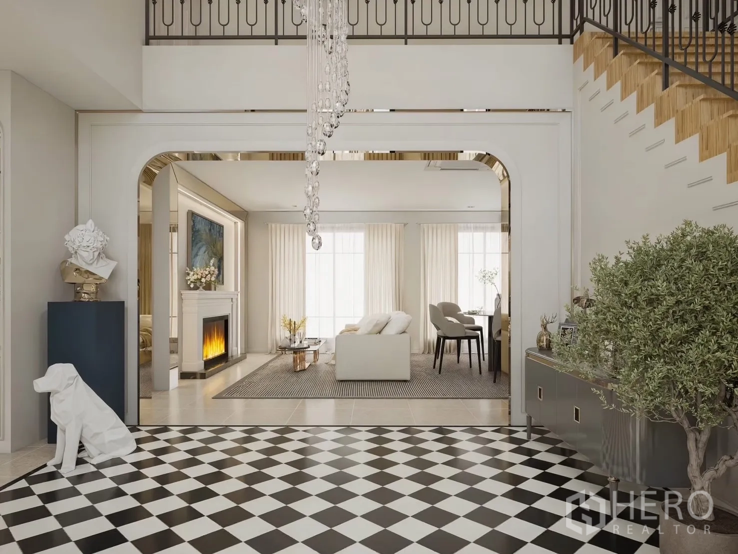 Detached House for rent in Bang Phli, Samut Prakan - Entry foyer with black-and-white checker floor leading to living and dining.