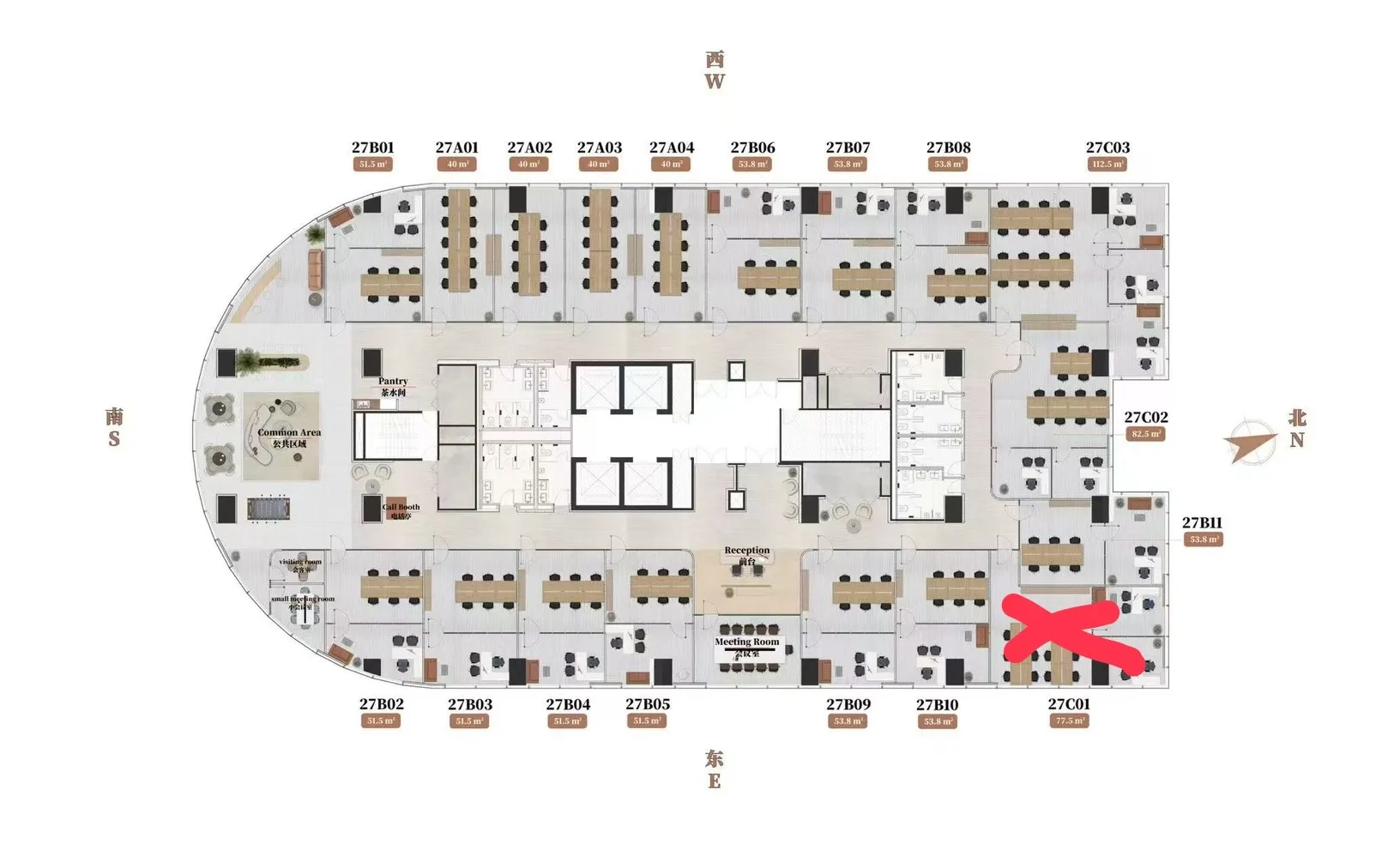 Office Space for rent in Din Daeng, Bangkok - Floor plan of the office level highlighting the specific unit location.