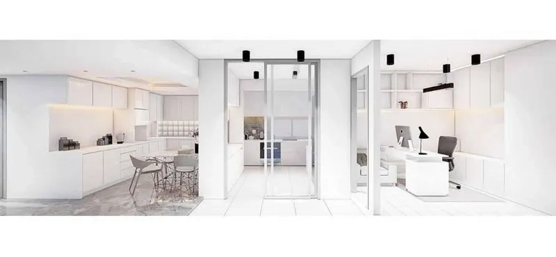 Detached House for rent in Lat Phrao, Bangkok - Open-plan white kitchen and workspace separated by sliding glass partition with ceiling lights.