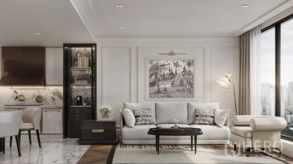 Condominium for rent - Sophisticated living room with neutral sofa, marble kitchen accents, and tall window with Bangkok skyline view.
