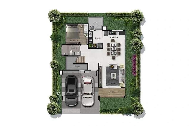 Detached House for sale in Bang Kapi, Bangkok - Ground floor plan showing double carport, living room, dining area, kitchen, bedroom and garden.