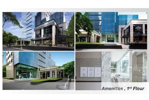 Office Space for rent in Pathum Wan, Bangkok - Collage showing ground-floor amenities of a Grade A office tower with cafes, retail shops and a glass façade.