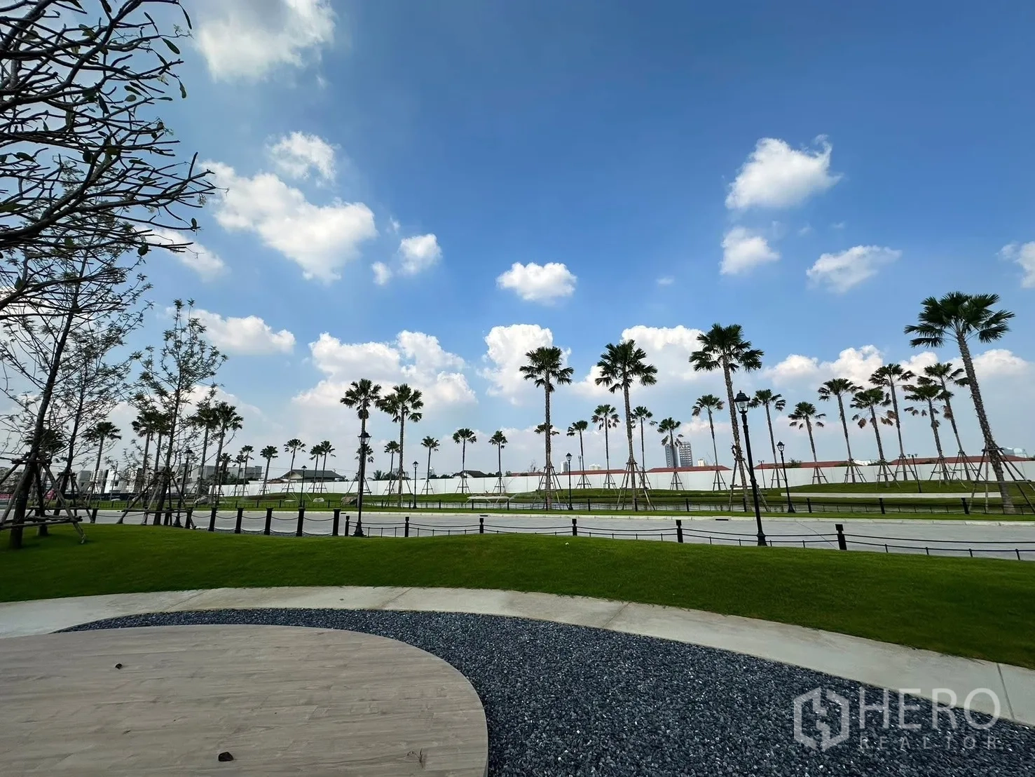 独栋房屋 for rent in Bang Phli, Samut Prakan - 棕榈树成排的林荫大道与开阔草地，蓝天白云。