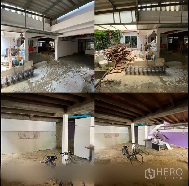 带办公室的家 出租在Suan Luang, Bangkok - 宽敞的一层半露天空间，钢柱与波形金属顶棚，地面待完工。