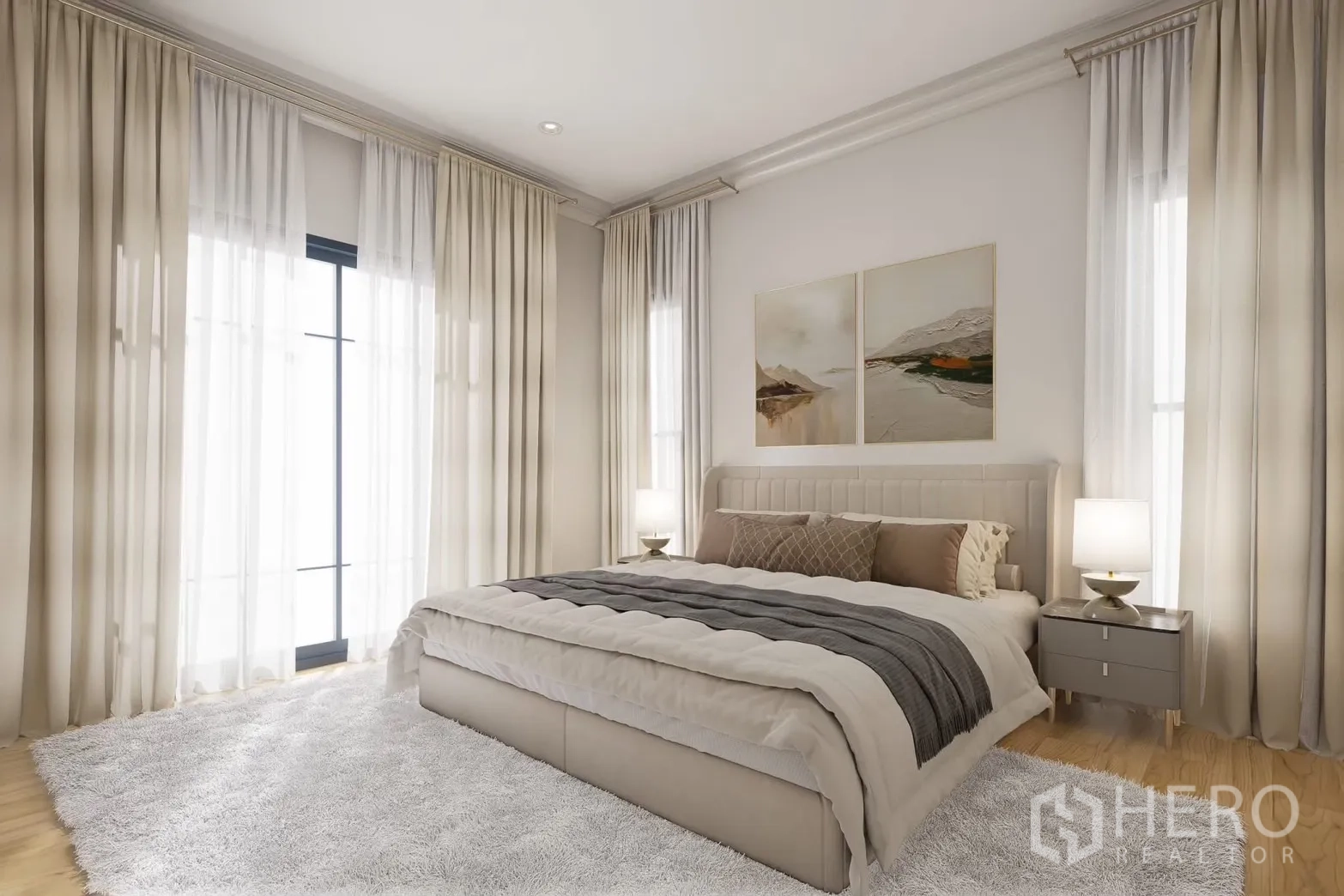 Detached House for rent in Bang Phli, Samut Prakan - Master suite with large windows and plush rug.