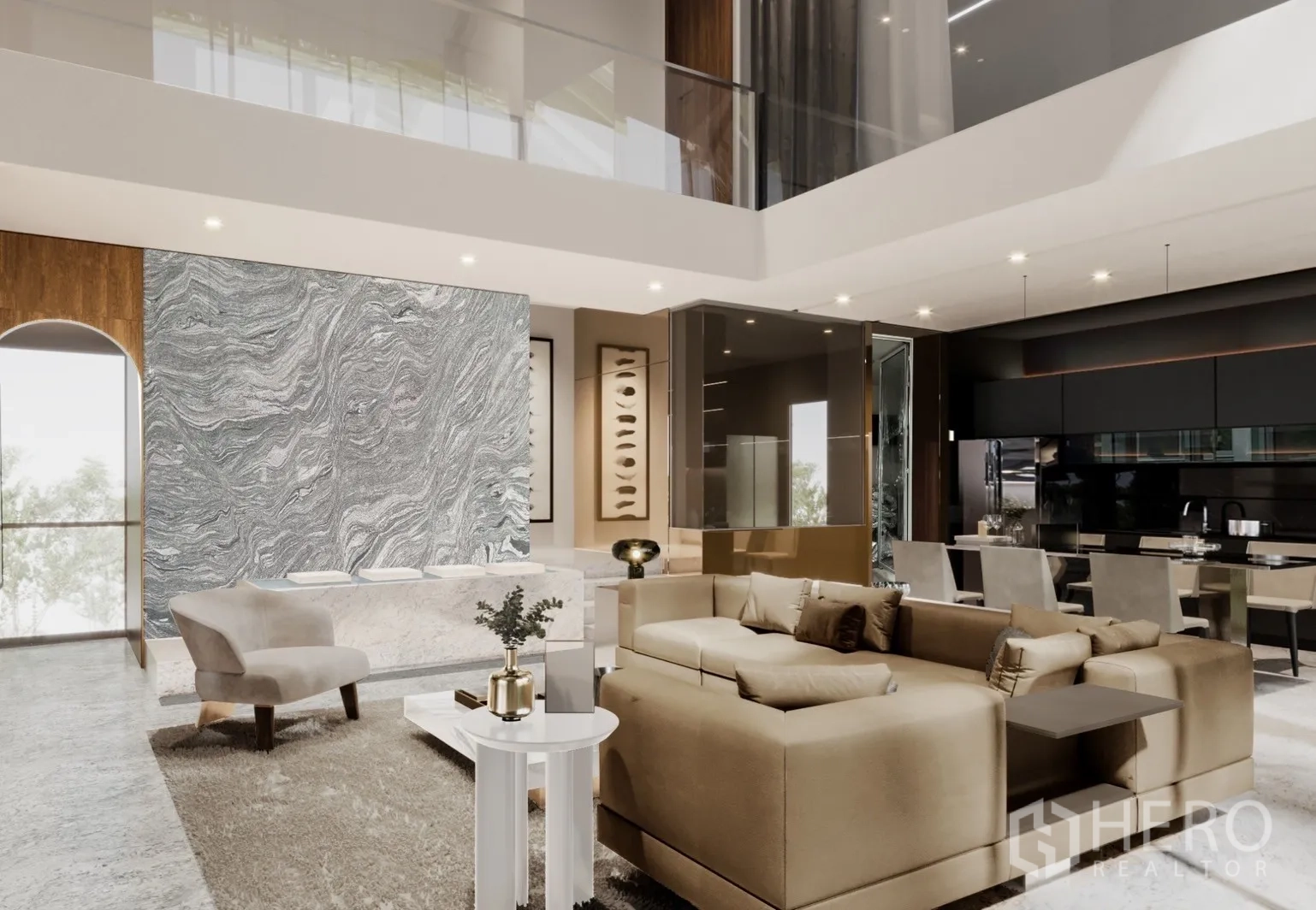 Detached House for sale in Bang Phli, Samut Prakan - Rendered double-height living room with marble feature wall, sofa and dining area.