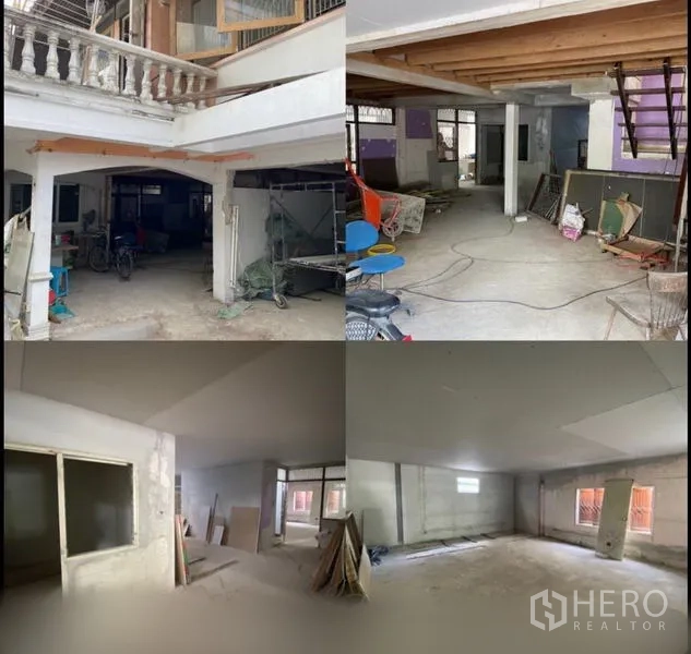 带办公室的家 出租在Suan Luang, Bangkok - 一层大开间，柱网清晰，材料堆放，房间已抹灰，便于规划办公布局。