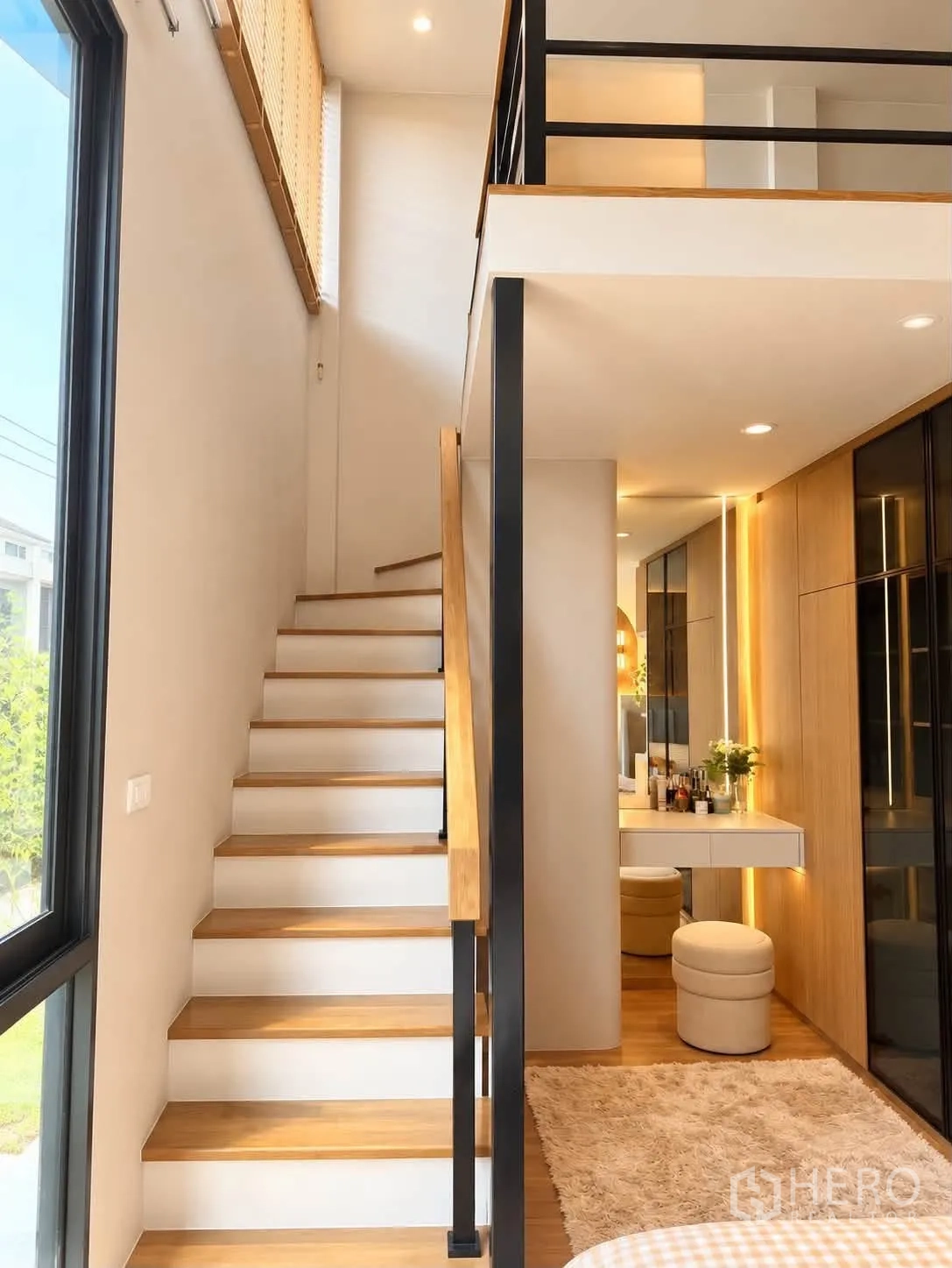 Townhouse for rent in Bang Phli, Samut Prakan - Master bedroom with double-height ceiling, large windows, and loft space.
