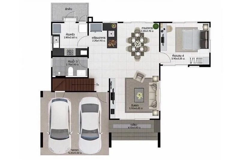 Detached House for sale - Ground-floor plan showing living, dining, kitchen, bathroom, and 2-car garage.