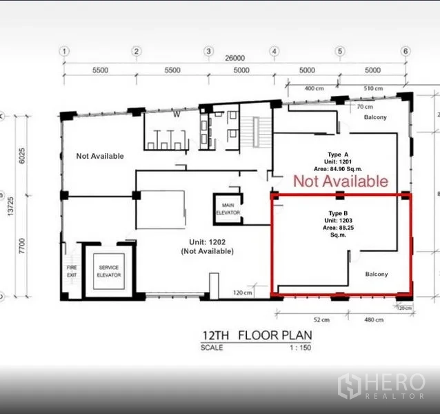 Office Space for rent in Khlong Toei, Bangkok - 12th-floor plan highlighting Type B Unit 1203, 88.25 sq.m. with balconies.