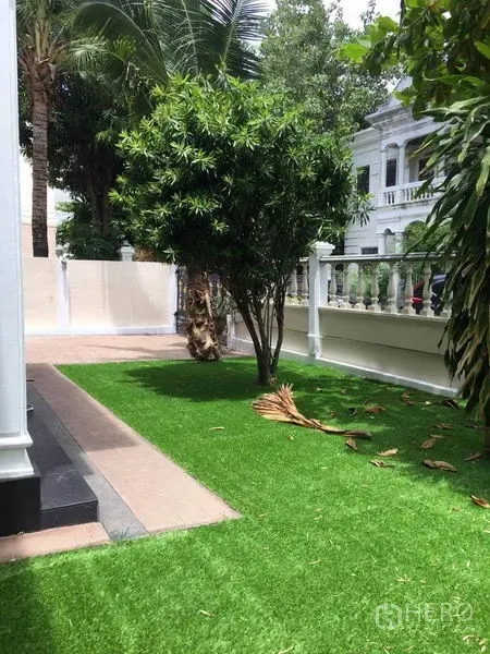 独立式住宅 出租在Khlong Toei, Bangkok - 侧院绿草如茵，乔木与白色围栏相映成趣。