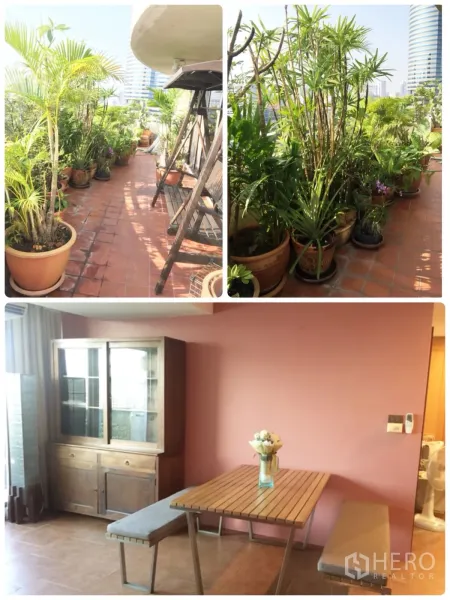 Condominium for rent in Watthana, Bangkok - Large balcony with terracotta tiles lined with potted tropical plants, swing seat and open city views.