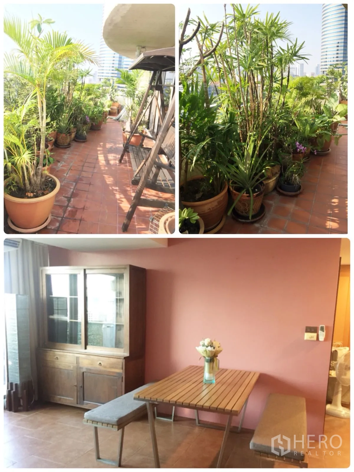 Condominium for rent in Watthana, Bangkok - Large balcony with terracotta tiles lined with potted tropical plants, swing seat and open city views.