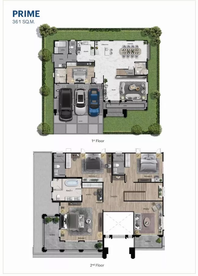 独立式住宅 出售在Mueang Pathum Thani, Pathum Thani - 两层户型图，展示361平方米PRIME布局。