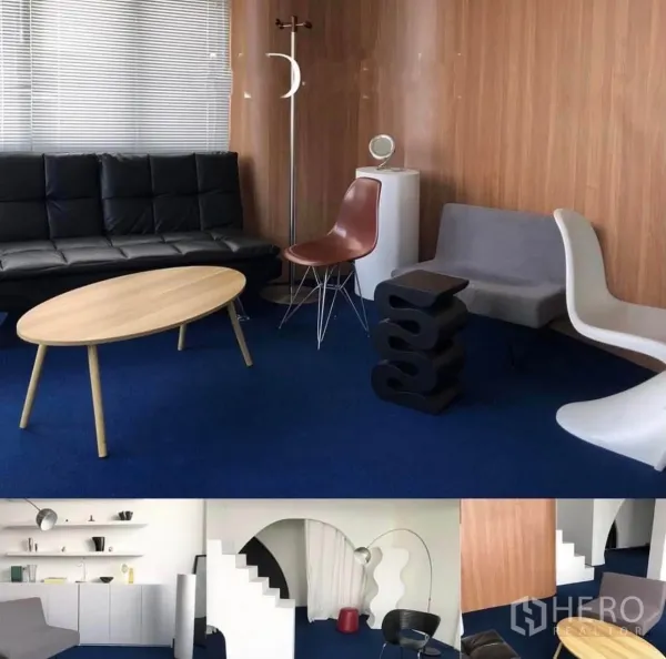 ตึกแถว for rent in Phra Khanong, Bangkok - โซนรับรองสมัยใหม่ พรมสีน้ำเงิน ผนังไม้ โซฟาและเก้าอี้ดีไซน์หลากสไตล์