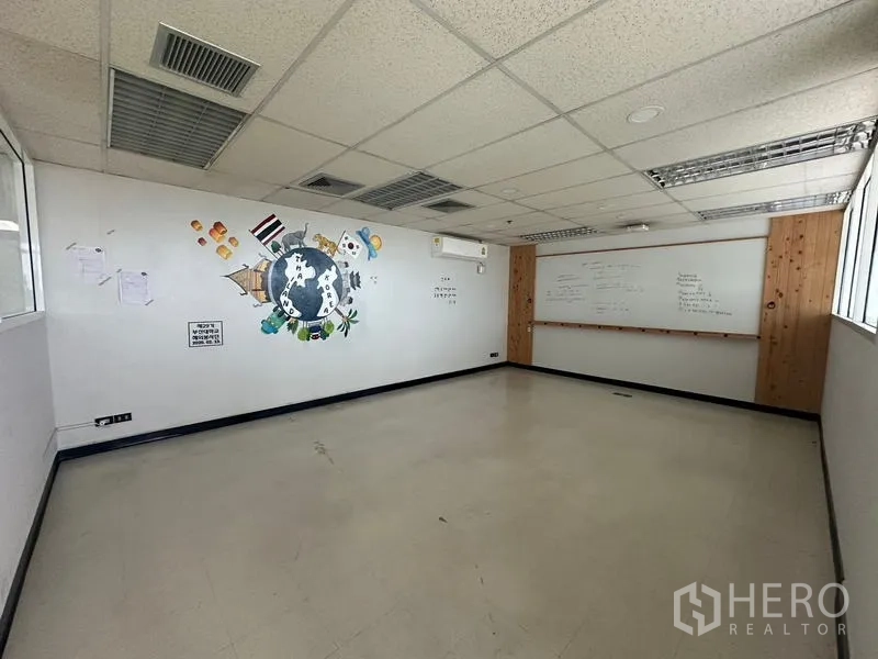 Office Space for rent - Mid-size meeting or training room with wall mural, whiteboard and wood accents.