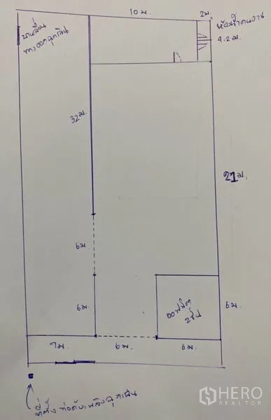 Warehouse for rent in Samut Sakhon - Hand-drawn floor plan showing warehouse dimensions and bathroom position.