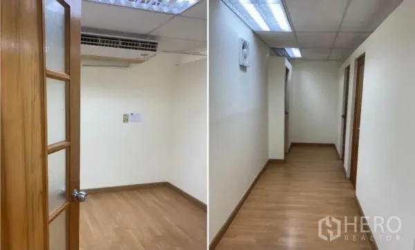 สำนักงาน ให้เช่าในWatthana, Bangkok - ห้องทำงานส่วนตัวพร้อมประตูไม้ และทางเดินพื้นลามิเนตพร้อมไฟเหนือศีรษะ