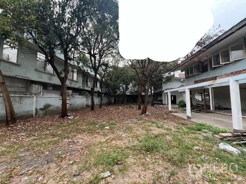 Land for rent in Watthana, Bangkok - Central open space between two aging buildings with scattered leaves.