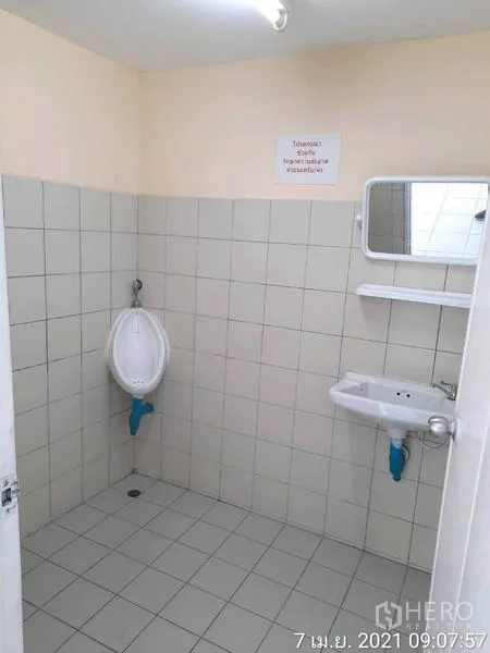 Factory for rent in Bang Bua Thong, Nonthaburi - Clean restroom with wall tiles, urinal, sink and mirror.