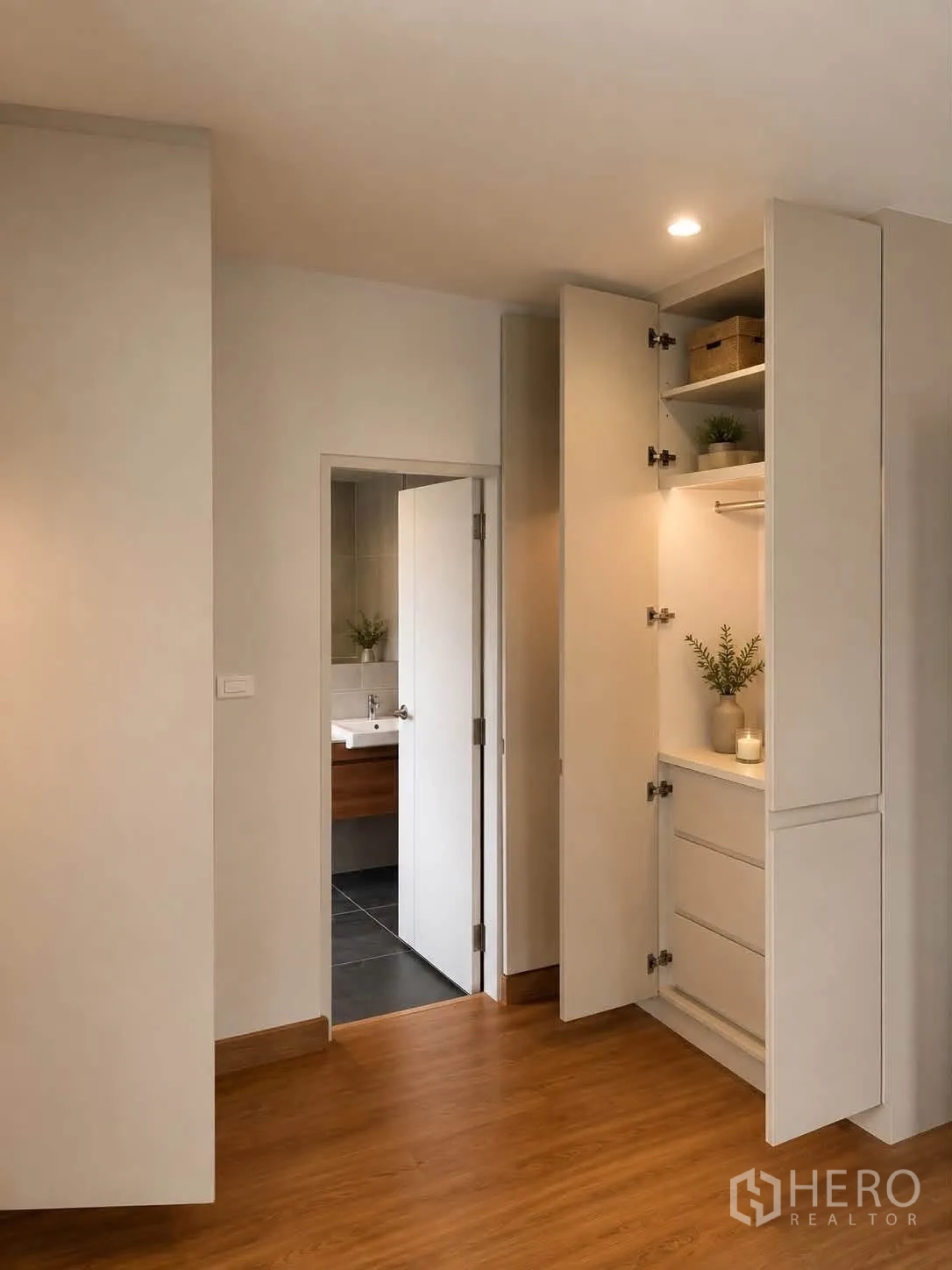 Detached House for rent in Bang Phli, Samut Prakan - Bedroom corner with open built-in wardrobe and a view into an ensuite bathroom.