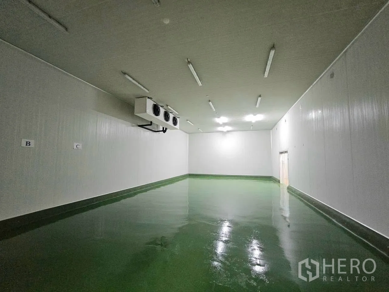 โรงงาน for rent in Mueang Samut Sakhon, Samut Sakhon - มุมมองอีกด้านของห้องเย็นพื้นเขียวและไฟสว่าง