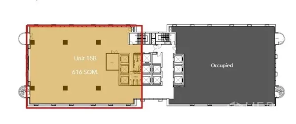 Office Space for rent in Bang Rak, Bangkok - Floor plan highlighting Unit 15B, a 616 sq.m office zone next to the lift core.