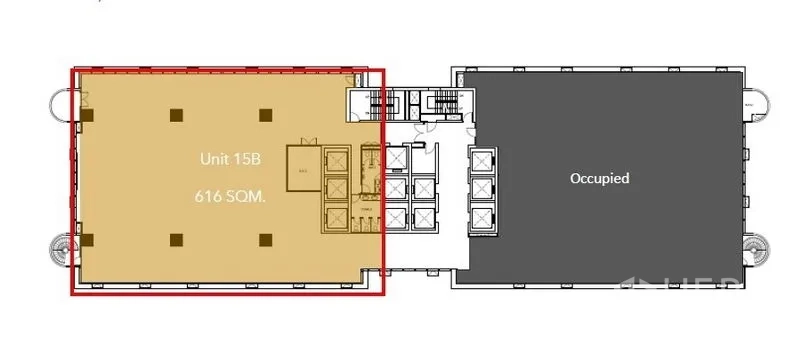 Office Space for rent in Bang Rak, Bangkok - Floor plan highlighting Unit 15B, a 616 sq.m office zone next to the lift core.