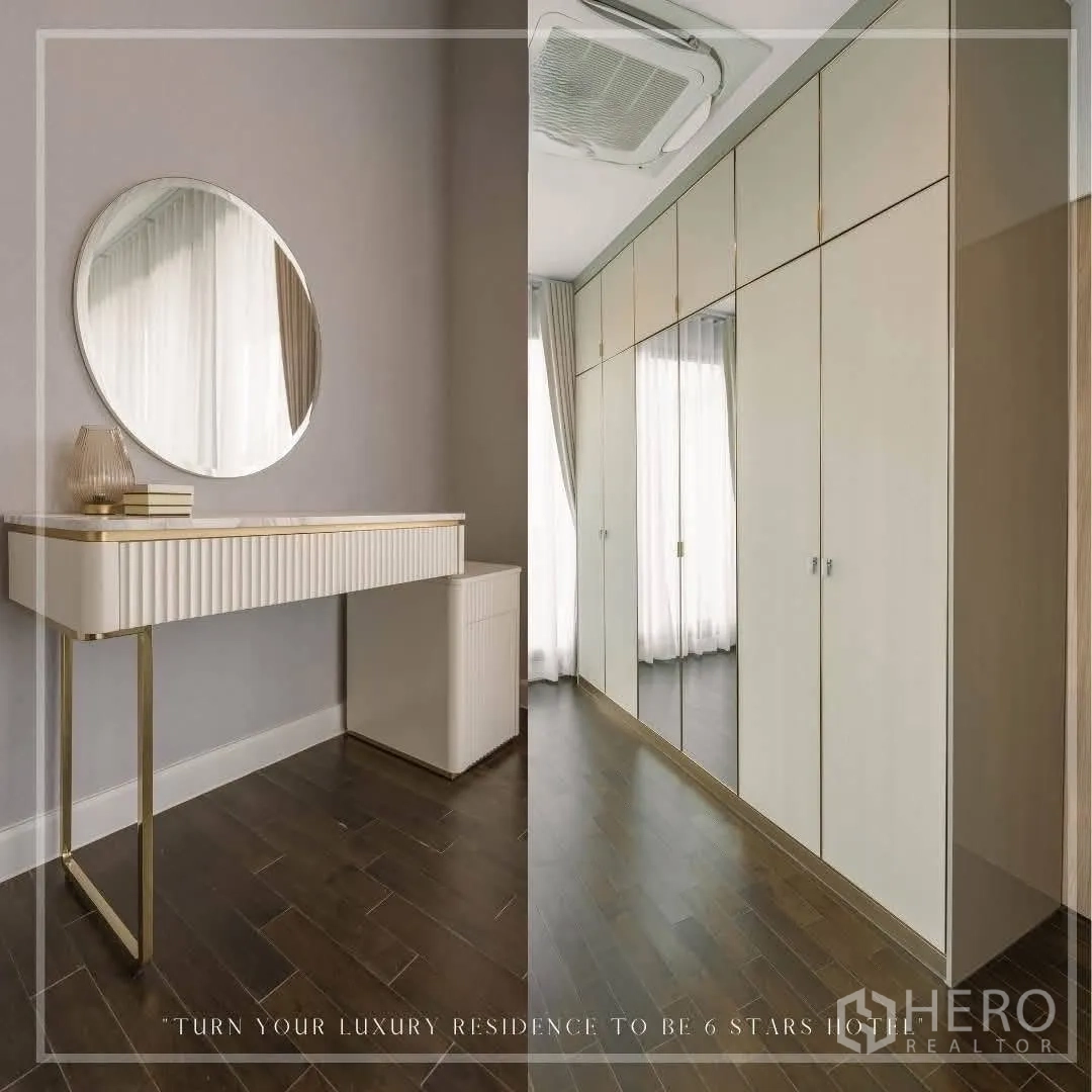 บ้านเดี่ยว for rent or sale in Suan Luang, Bangkok - โต๊ะเครื่องแป้งกระจกกลมและทางเดินตู้เสื้อผ้าบิวต์อิน