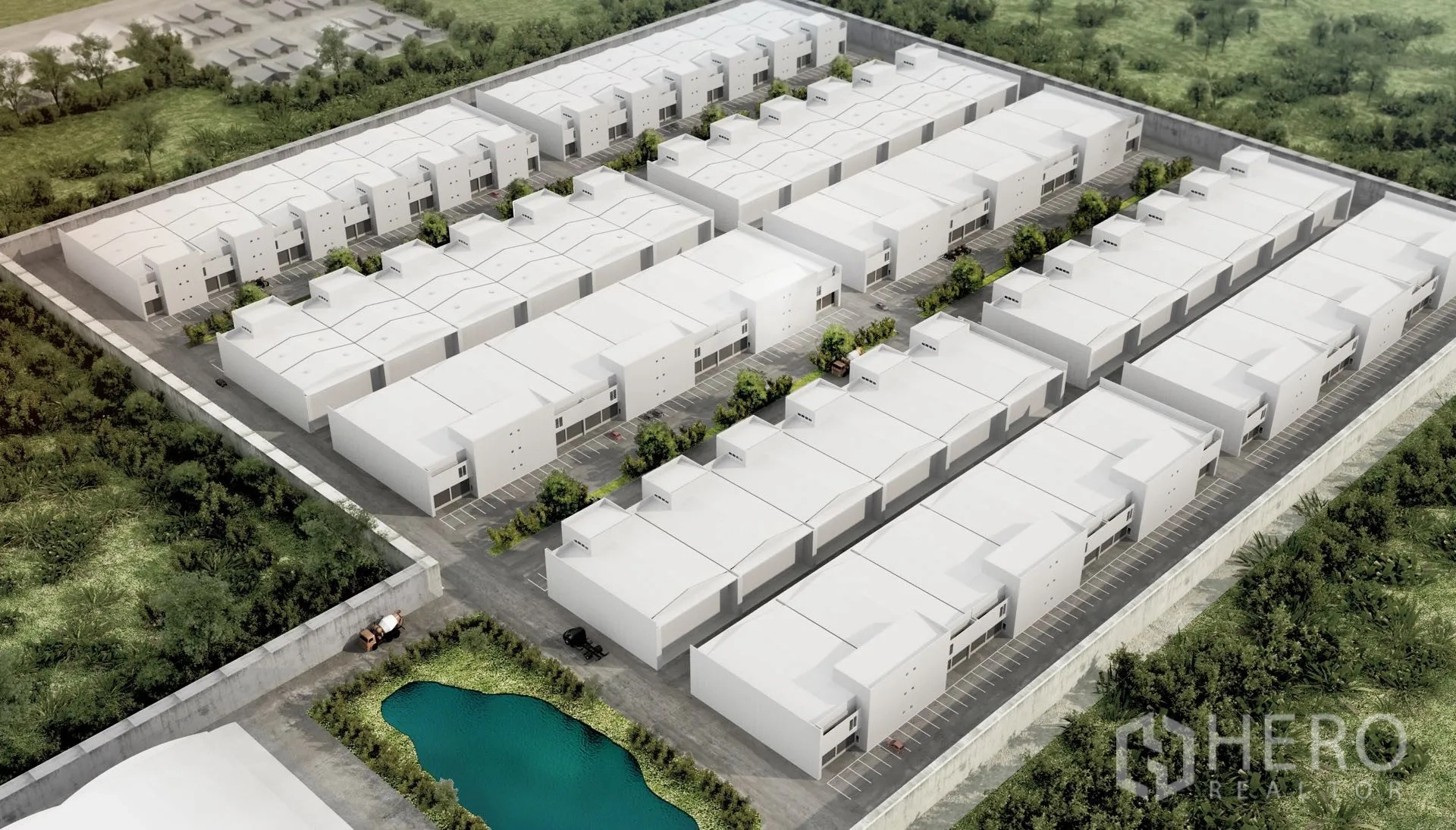 Factory for rent in Pathum Thani - Aerial rendering of a gated industrial estate with rows of factory units.
