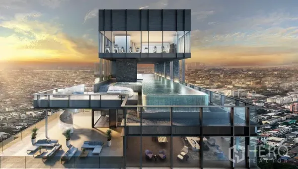 Condominium for sale in Bang Kho Laem, Bangkok - Rooftop infinity pool and glass-walled gym overlooking the Bangkok skyline at sunset.
