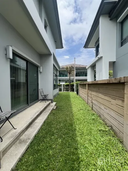 Detached House for rent in Bang Kapi, Bangkok - Narrow side garden between houses with grass strip and steps.