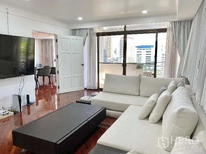 Condominium for rent in Khlong Toei, Bangkok - Lounge with large sectional sofa, wall-mounted TV and floor-to-ceiling windows leading to a balcony with city views.