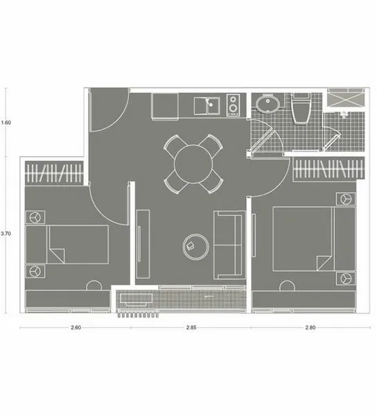 Condominium for rent or sale in Huai Khwang, Bangkok - Two-bedroom condominium floor plan showing open-plan living with kitchen and one bathroom layout.