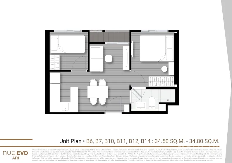 Condominium for sale in Phaya Thai, Bangkok - Floor plan of a 34 sqm 1 Bed Plus condominium near BTS Ari, showing open-plan living and dining, compact kitchen, private bedroom, flexible multipurpose room, and a modern bathroom.